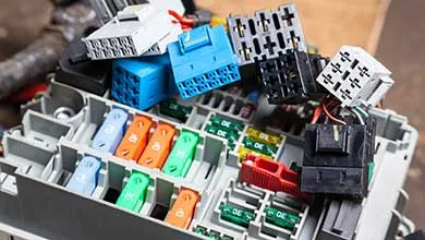 Open vehicle fuse box with rows of blue, orange, and green fuses, topped with a pile of disconnected electrical connectors and relays.