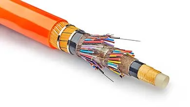 Cross-section of an orange fiber optic cable showing internal layers and multicolored wire bundles.