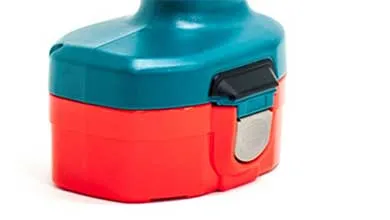 red battery pack on a blue power tool