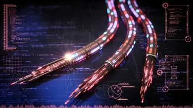 Three glowing fiber optic cables with exposed pink and blue tips arranged diagonally on a dark blue background featuring futuristic digital interface graphics and technical schematics.