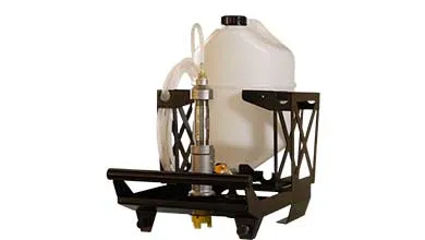 A white plastic fluid tank is secured in a black metal frame, connected to a pump and tubing.