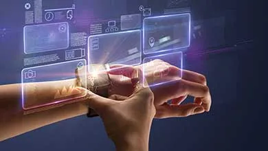 Hands using a smartwatch that projects a holographic display with glowing icons and data charts.