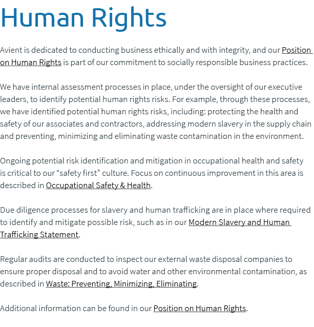 Human Rights Avient is dedicated to conducting business ethically and with integrity, and our Position on Human Right...